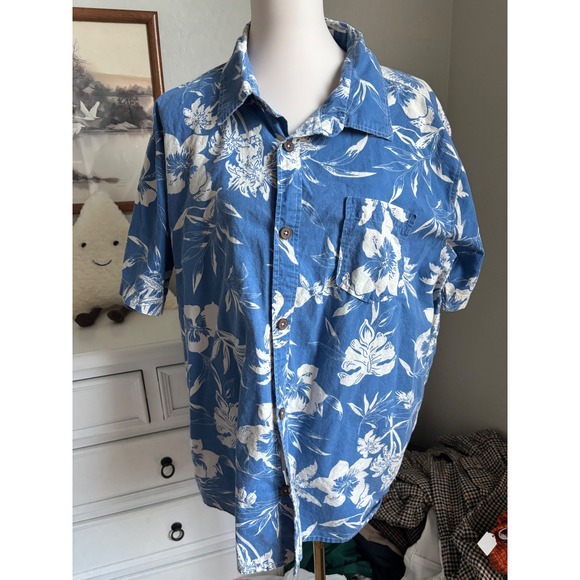 On Gear Fashions Other - Vintage Hawaiian Shirt Tropical Floral Blue Cotton Button Down Summer Beach
